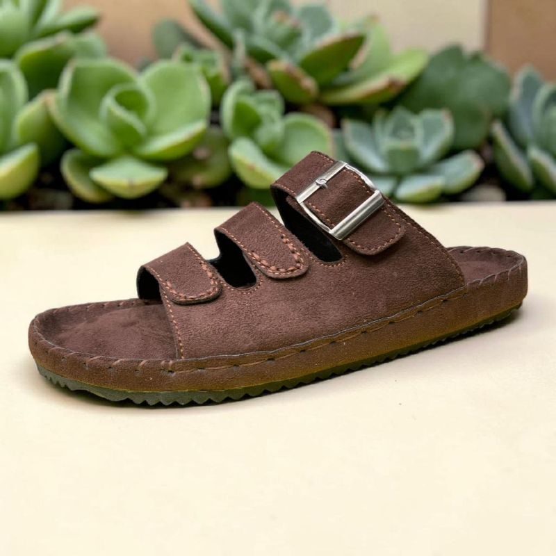 Men's Wide-Strap Suede Slides Velcro Closure, Webbing Tab, Cork Footbed