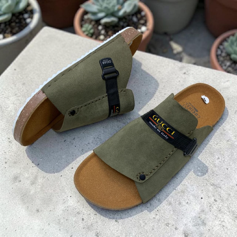 Men's Wide-Strap Suede Slides Velcro Closure, Webbing Tab, Cork Footbed