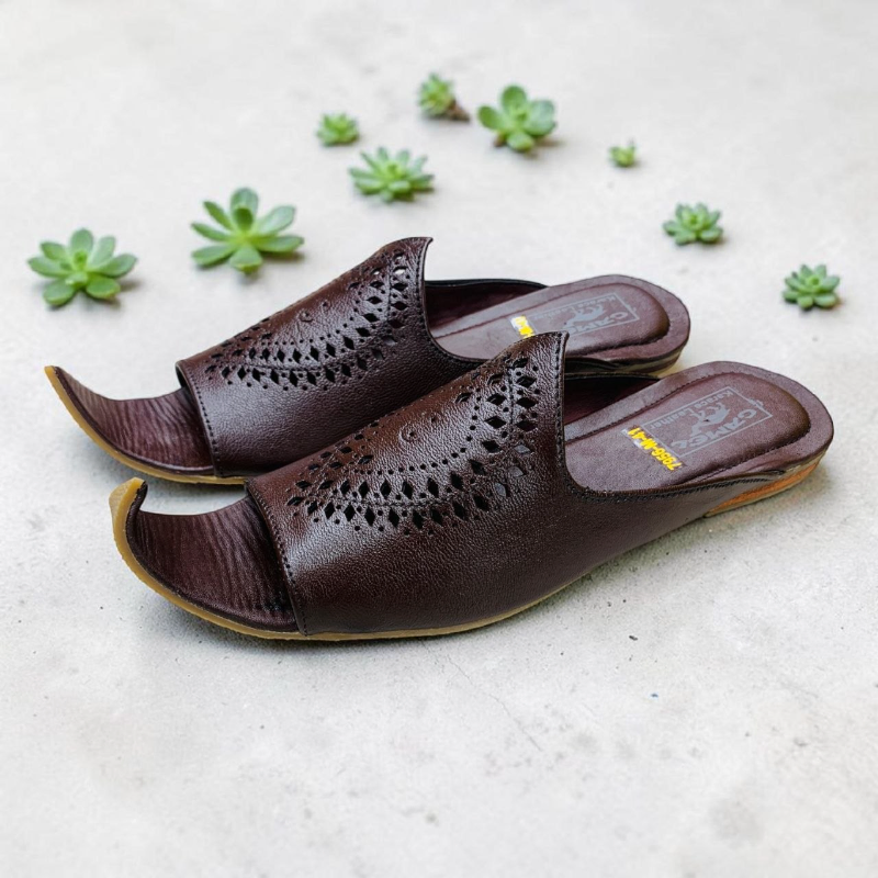 Men's Leather Khussa Slide – Laser-Cut Upper, Curled Toe, Black & Dark Brown