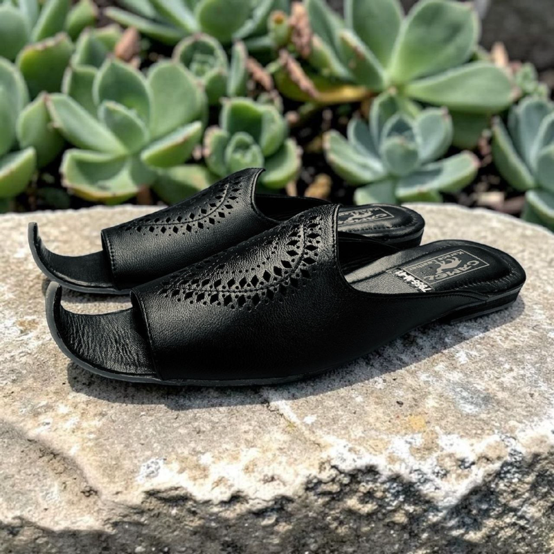 Men's Leather Khussa Slide – Laser-Cut Upper, Curled Toe, Black & Dark Brown