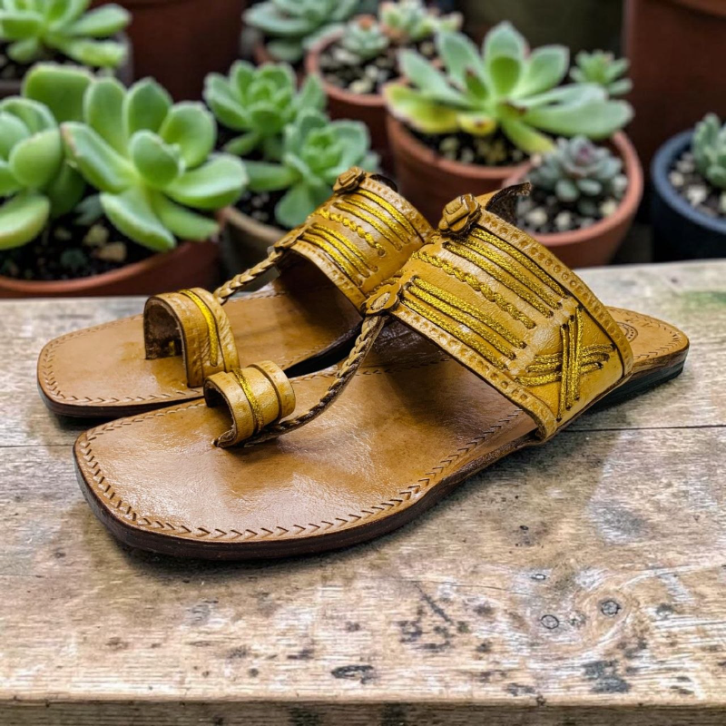 Men's Handcrafted Kolhapuri Toe-Ring Sandal Gold Thread, Genuine Leather, 2 Styles