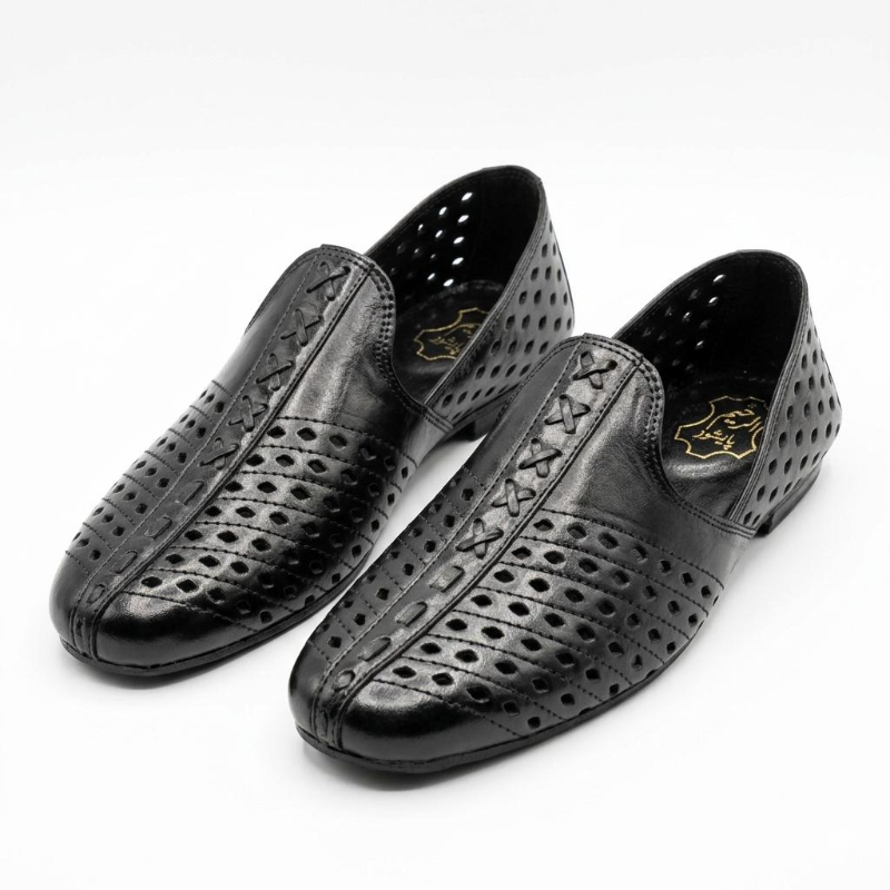Men's Perforated Leather Slip-On Cut-Out Loafer, Black & Dark Brown