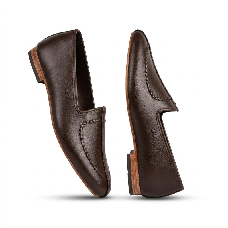 Men's Leather Mojari Loafer – Hand-Stitched Apron Toe, Dark Brown & Black