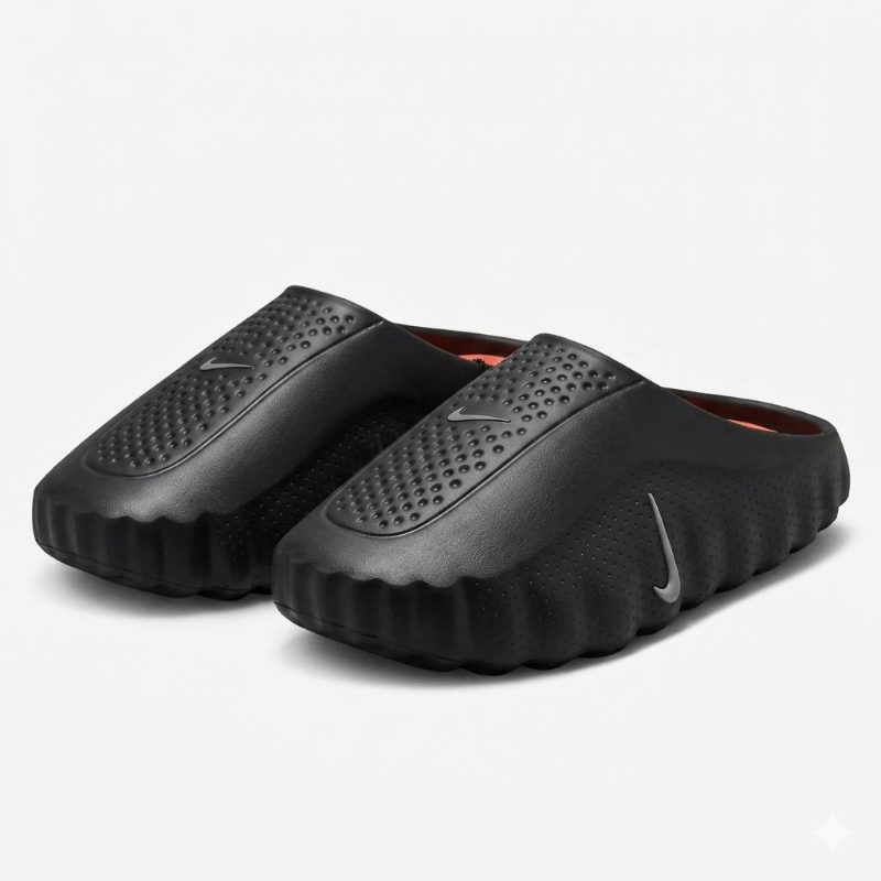  Nike Calm Mule – Black/Orange, Perforated Toe, Scalloped Sole
