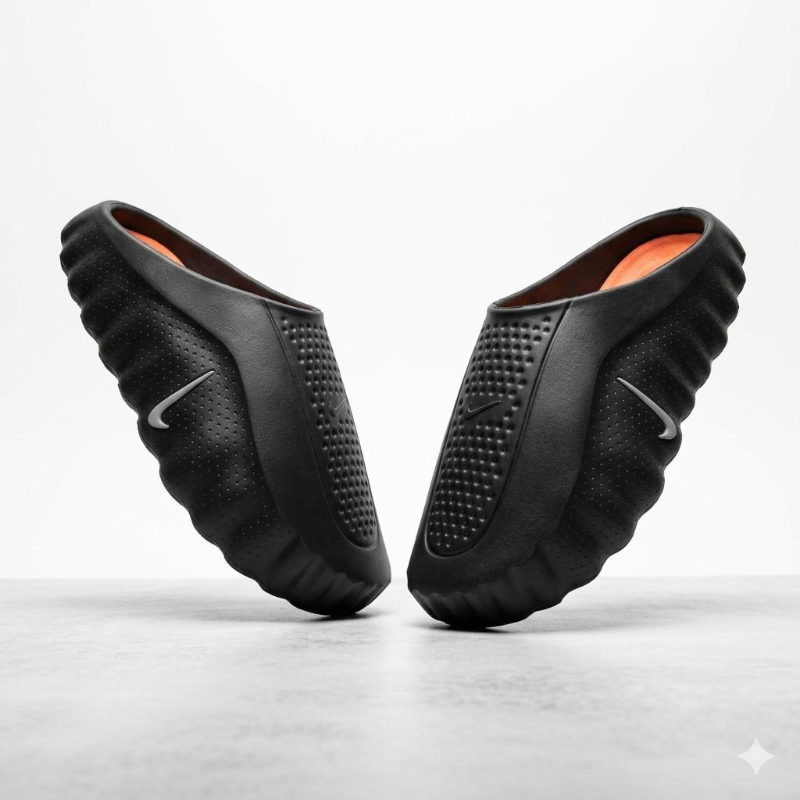  Nike Calm Mule – Black/Orange, Perforated Toe, Scalloped Sole