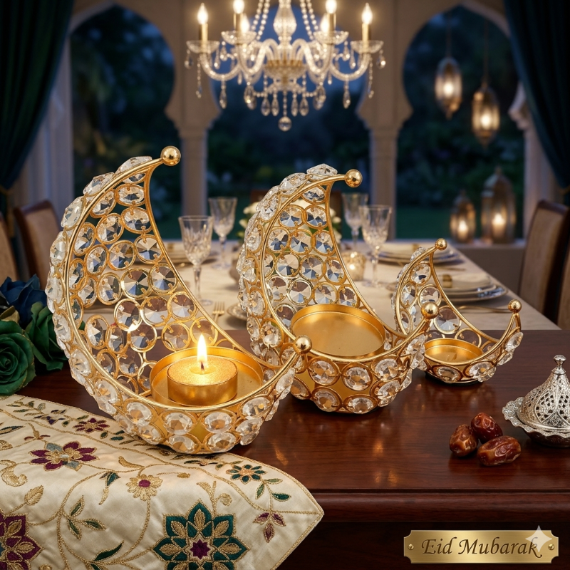 Crystal Crescent Moon Candle Holders – Gold Metal, 3 Sizes | Ramadan & Eid Decor