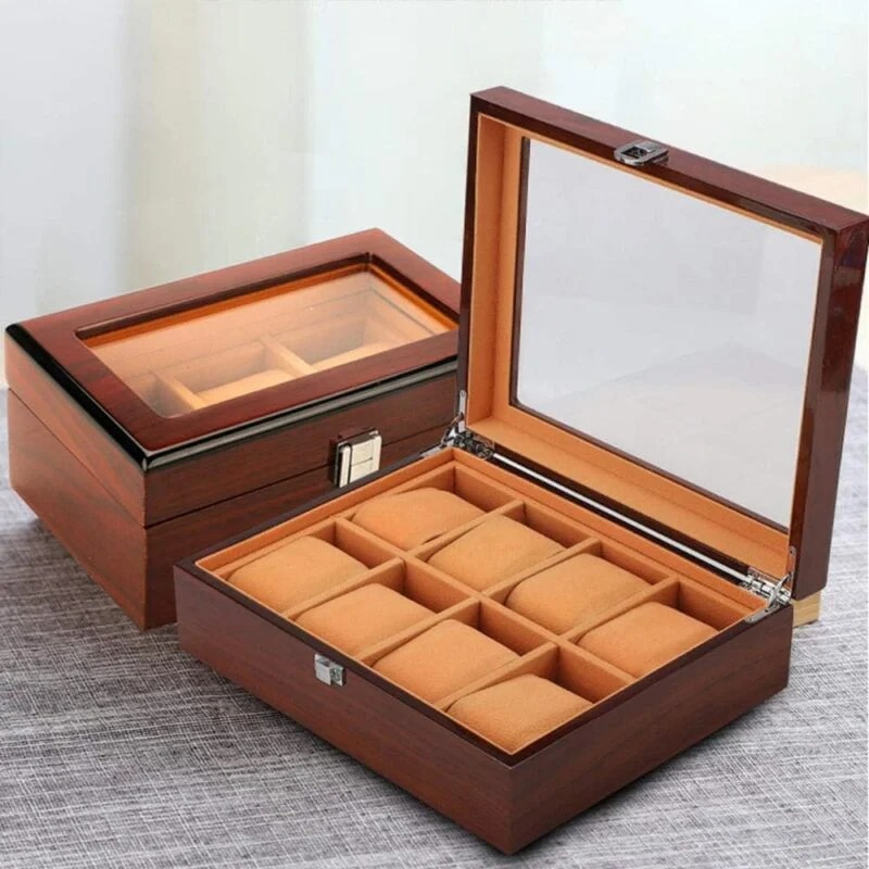 8-Slot Wooden Watch Box  Glass Lid, Suede Cushions, Metal Clasp 