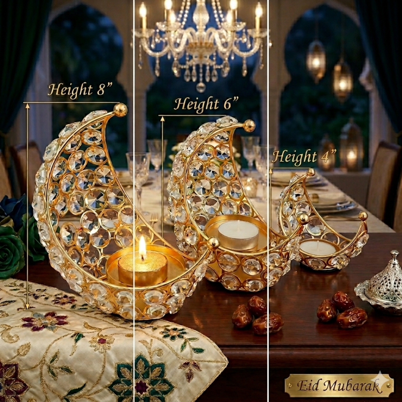 Crystal Crescent Moon Candle Holders – Gold Metal, 3 Sizes | Ramadan & Eid Decor