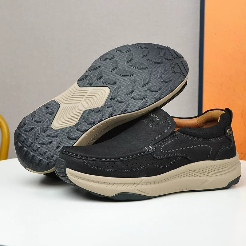  Men's Leather Slip-On Walking Shoe Chunky Cushioned Sole, Brown & Black