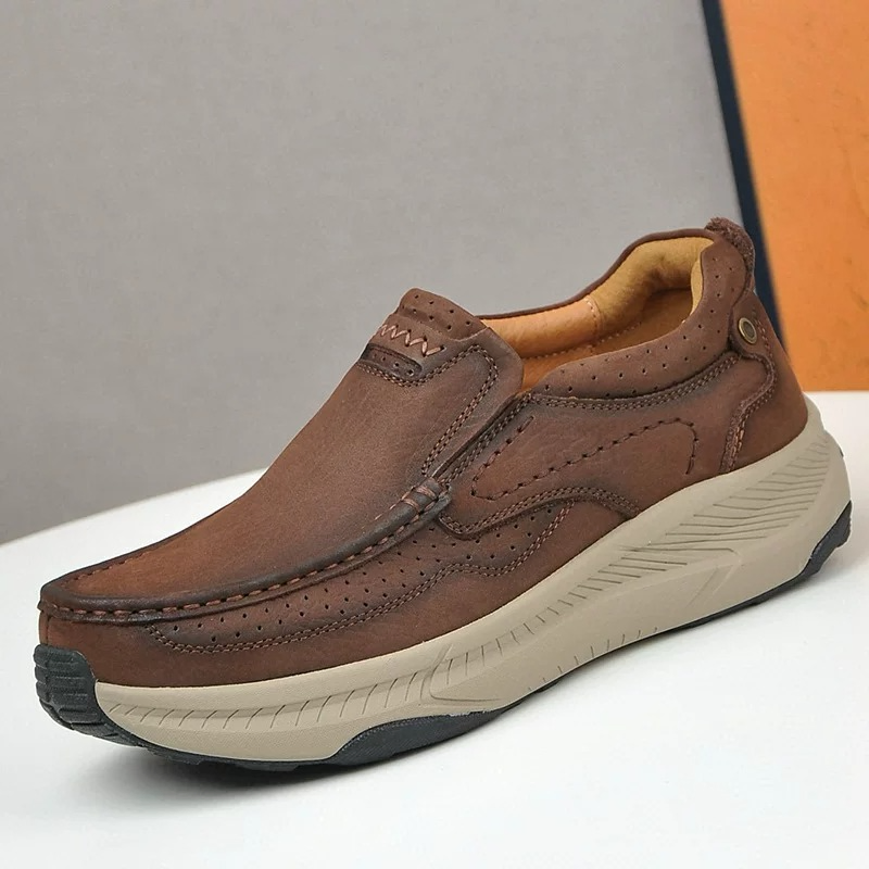  Men's Leather Slip-On Walking Shoe Chunky Cushioned Sole, Brown & Black