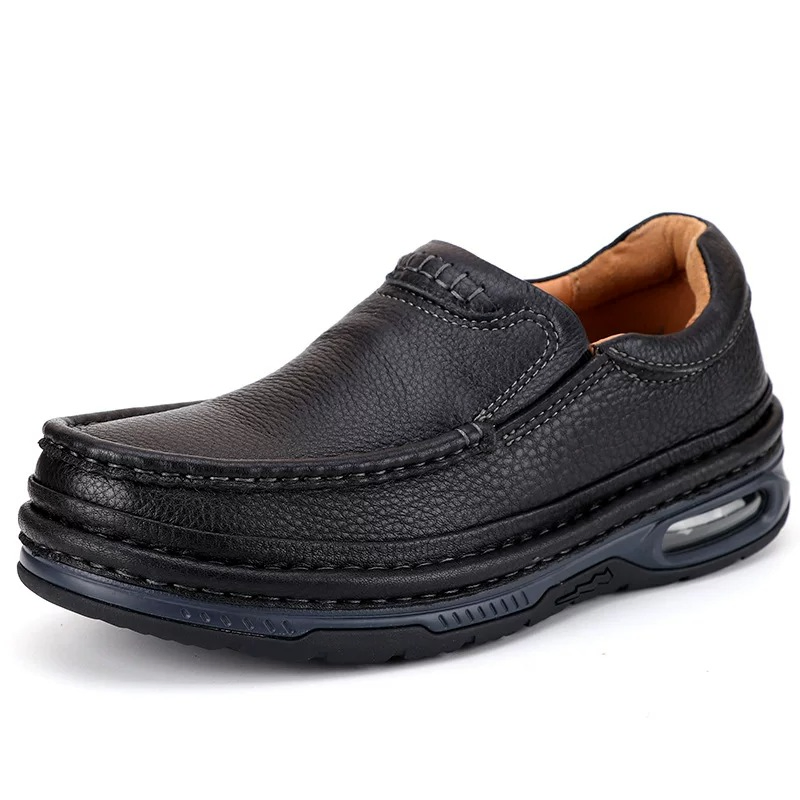 Men's Leather Slip-On with Air Cushion Sole Pebble Grain, Black, Thick Comfort Build