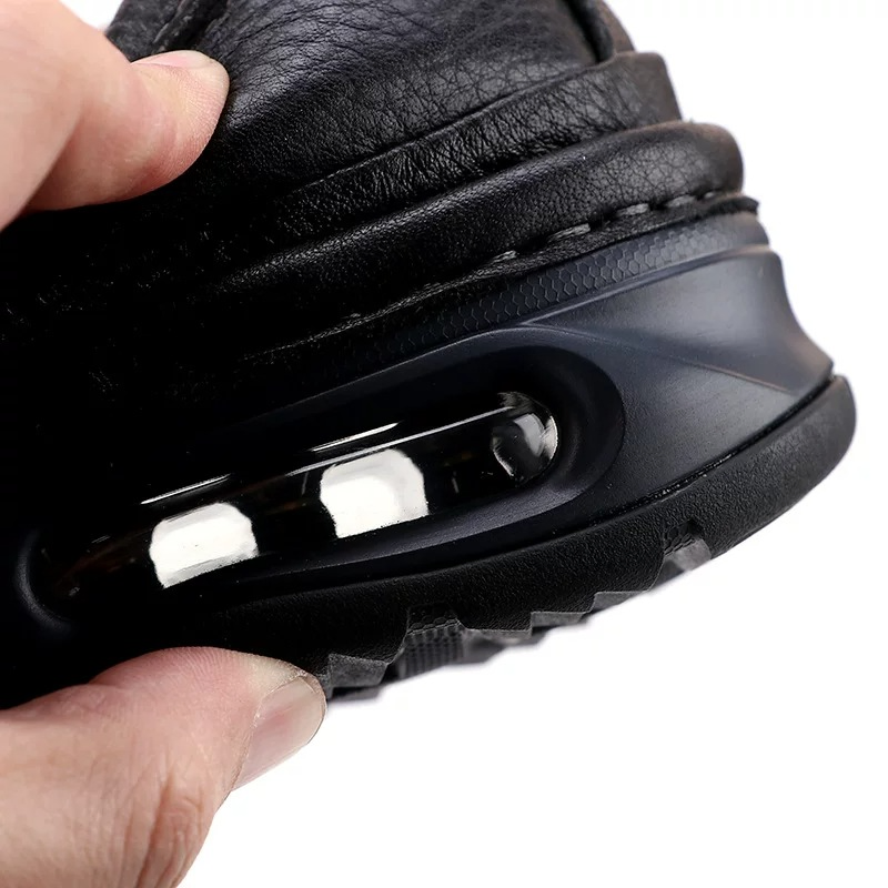 Men's Leather Slip-On with Air Cushion Sole Pebble Grain, Black, Thick Comfort Build
