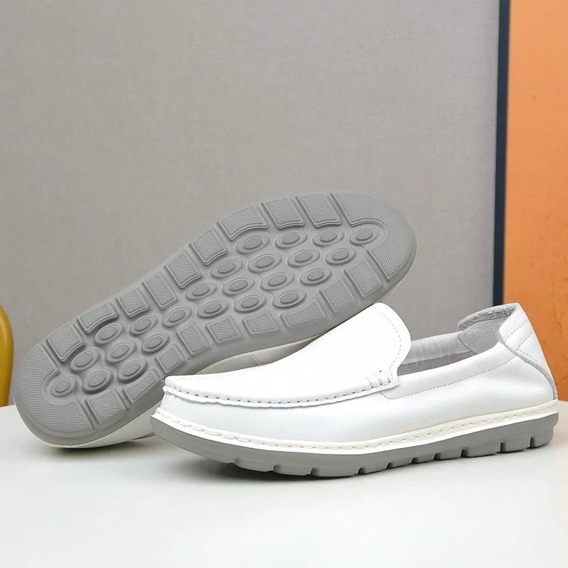 Men's Smooth Leather Slip-On Loafer Flat White Sole