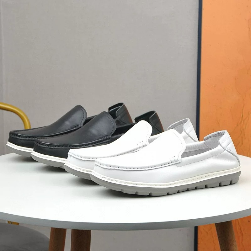 Men's Smooth Leather Slip-On Loafer Flat White Sole
