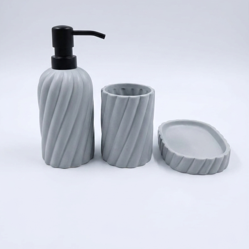 3-Piece Twisted Ribbed Ceramic Bathroom Set – Grey, Matte Black Pump, Tray Included