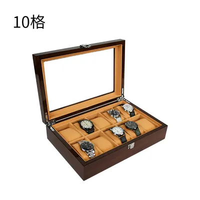 10-Slot Wooden Watch Box  Glass Lid, Suede Cushions, Metal Clasp 