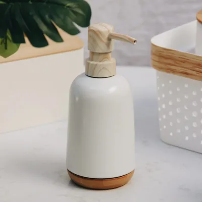  Ceramic Soap Dispenser with Bamboo Base – Matte Black, Grey & White 