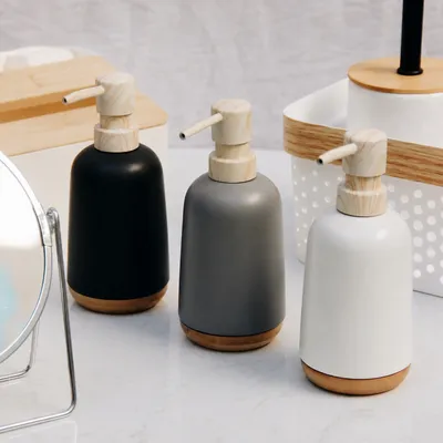  Ceramic Soap Dispenser with Bamboo Base – Matte Black, Grey & White 