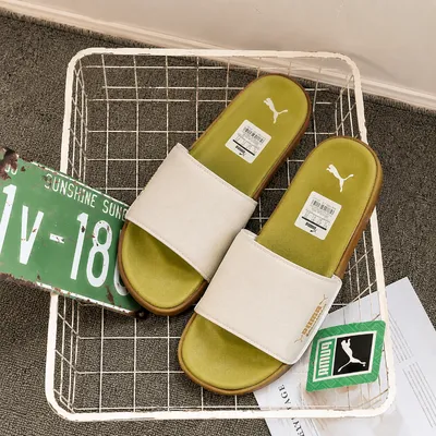 Puma Omega Slide Sandal White Strap with Gum Sole  Lime Green Footbed