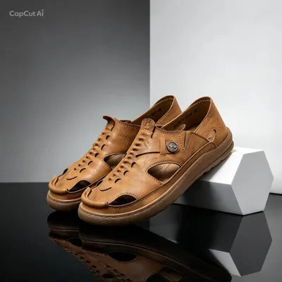 Men's Tan Leather Closed-Toe Sandals – Slip-On Casual Shoes |