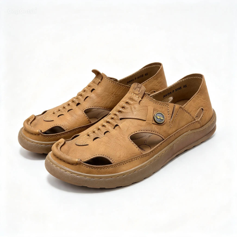 Men's Tan Leather Closed-Toe Sandals – Slip-On Casual Shoes |