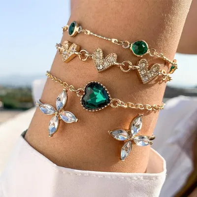 Green Zircon Crystal Heart Flower Bracelet Set (4 pcs )