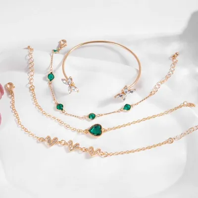Green Zircon Crystal Heart Flower Bracelet Set (4 pcs )