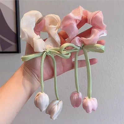 Tulip Flowers Scrunchie Ribbons Hair Rubber ( 1 Pc)