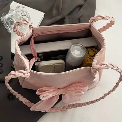 Casual Plain Bow Ribbon Braided Shoulder Tote Bag