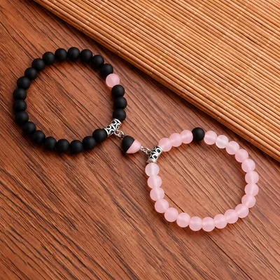 Black & Pink Magnetic Heart Charm Bracelet Set