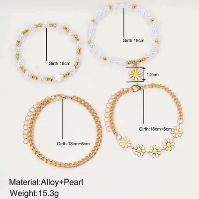  Daisy Flower Pearl Bracelet Set (4 Pcs)