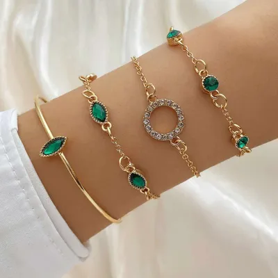 Green Rhinestone Circle Decor Bracelet Set (4 pcs )