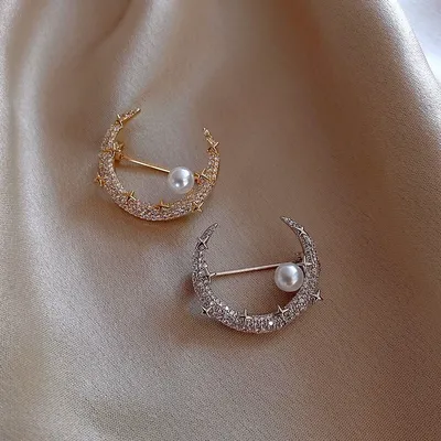 Rhinestone Pearl Moon Brooch For Women (1 Pc)