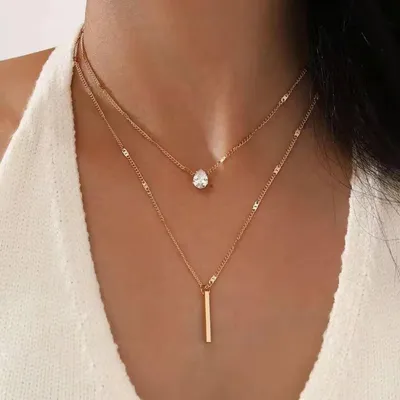 Water Droplets Necklace With  Double Layer Chain 
