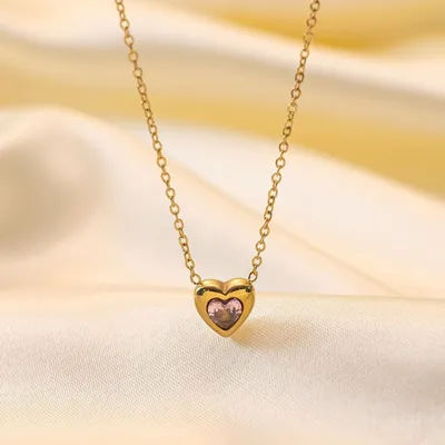 Pink Zircon Simple Heart Necklace