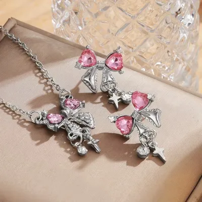 Stylish Bow Pink Rhinestones Necklace Set (3 Pcs)