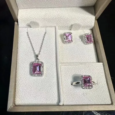  Pink Crystal Earring Ring Necklace Set (4 Pcs)