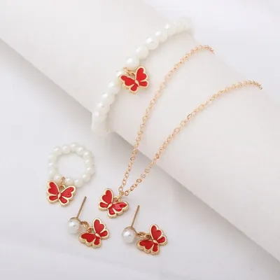 Alloy Oil Drop Pearl Butterfly Jewellery Set ( 5 pcs )
