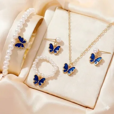 Alloy Oil Drop Pearl Butterfly Jewellery Set ( 5 pcs )