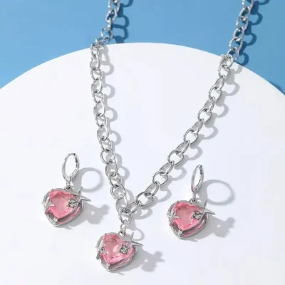Pink Love Heart Pendant Necklace Earring Set (3 Pcs )