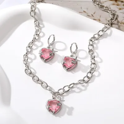 Pink Love Heart Pendant Necklace Earring Set (3 Pcs )