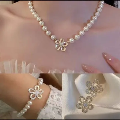 Flower Pearl Necklace Bracelet Earring Set