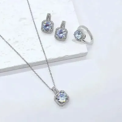 Silver Crystal Earring, Ring Necklace Set (4 Pcs )