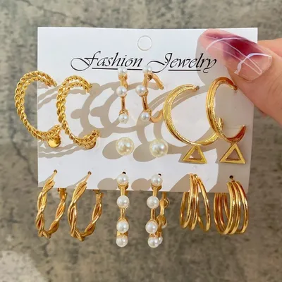 Pearl Studs And Hoop Earring Set (9 Pairs )