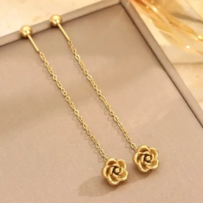 Rose Pattern Stainless Steel Tassle Earrings