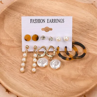 Geometric Tassel Pearl Hoop Earrings Set ( 6 Pairs )