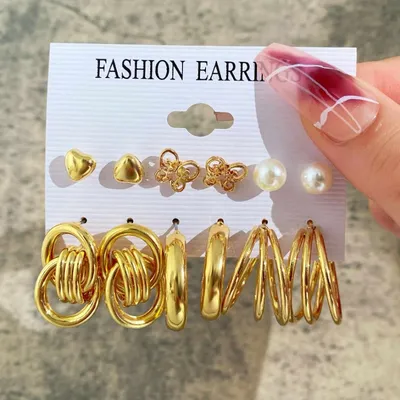 Metal Flower Design Stud Earrings Set  ( 6 Pair )