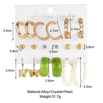 Green Pearl Butterfly Hoop & Stud Earring Set (9 Pair )
