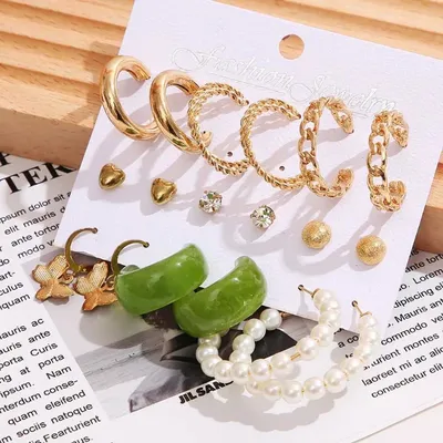 Green Pearl Butterfly Hoop & Stud Earring Set (9 Pair )
