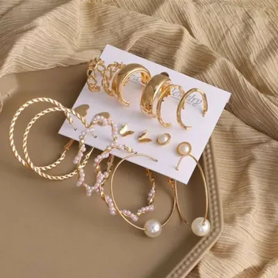 Pearl Big Geometric Hoop & Stud Earrings Set ( 9 Pair )